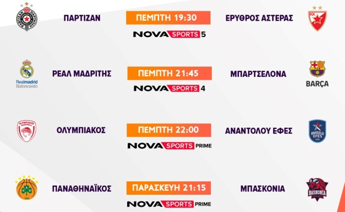 Novasports: Αποκλειστικά η 5η αγωνιστική της Euroleague 